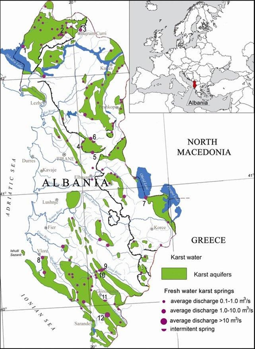 Mappa delle sorgenti carsiche più importani in Albania