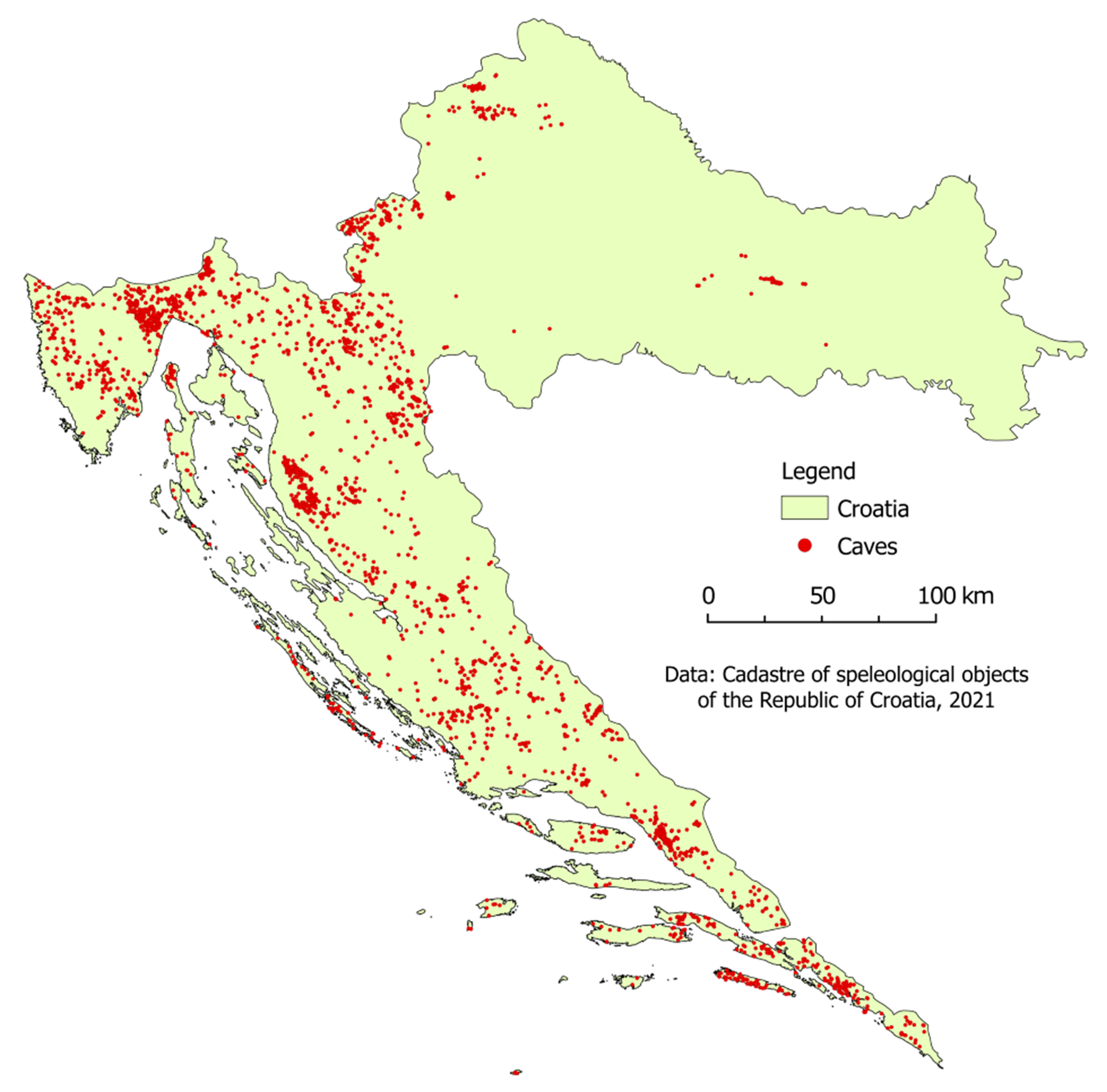 Mappa delle grotte presenti in Croazia